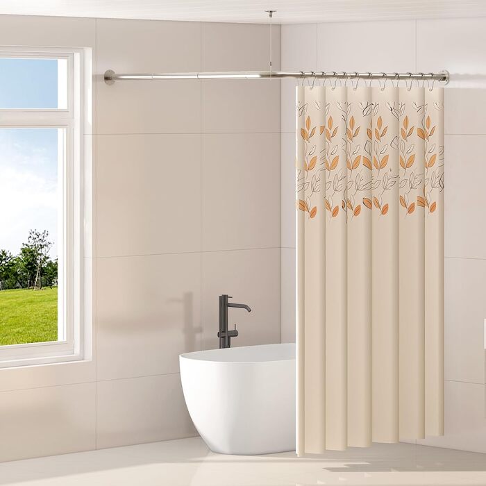 Кутова штанга для душової кабіни L-подібної форми, регульована, з 12 гачками та підставкою для стелі, срібна (99,1 см – 215,3 см)