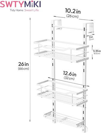 SWTYMIKI Adjustable Hanging Shower Shelf - No-Drill Shower Shelf for Glass Door, Stainless Steel Shower Shelf with Hooks and Soap Holder, Shampoo Holder for Shower, White