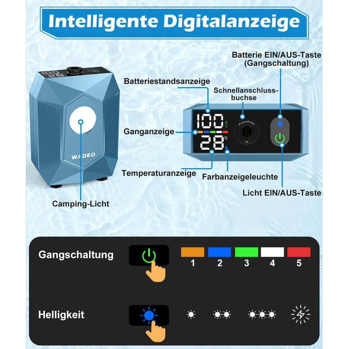 Портативна душова кабіна WADEO з акумулятором, помпою та підсвічуванням, 120 хвилин роботи, LED-ліхтар, мобільний душ-сет з 2м шлангом, душовою насадкою, тримачем та відром для саду, миття автомобіля, домашніх тварин, пляжу, подорожей (Блакитний, з відром