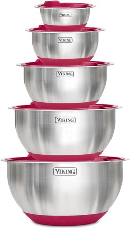 Набір місок для перемішування Viking Culinary з нержавіючої сталі, 10 шт., з неслизьким силіконовим дном, кришки, придатні для миття в посудомийній машині, червоний