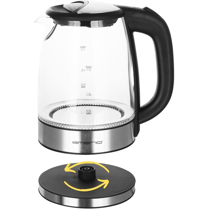 Електричний чайник EMERIO з боросилікатного скла, 1.7 л, синя LED-підсвітка, 2200 Вт, 360° підставка, без BPA