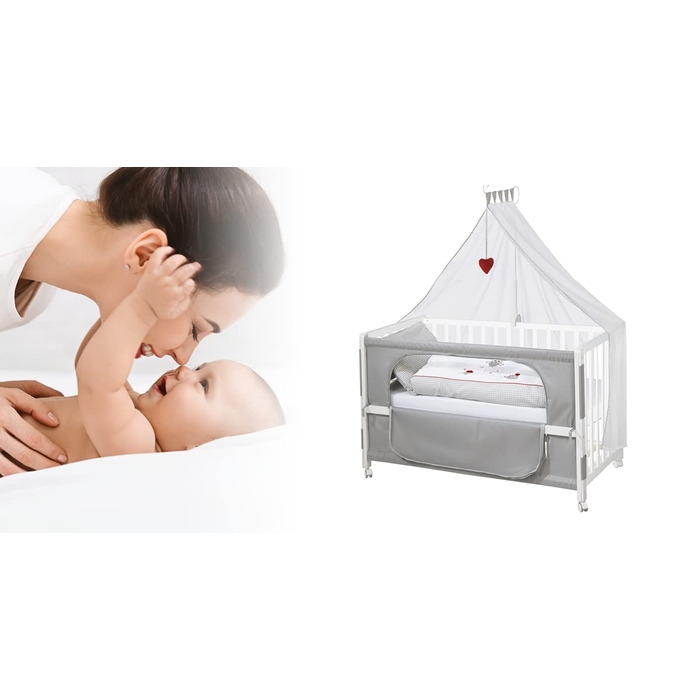 Crib Attachment Bed 60 x 120 cm - Adam & Eule Room Bed - Baby cot to be attached to parent's bed - Includes mattress, bedding, canopy - Mobile & Height adjustable - Wood white / Adam & Eule 126L x 66W x 157H cm