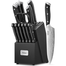 Yabano 14-Piece Professional Knife Set with Sharpening Block - Stainless Steel Chef Knives with Plastic Handles & Wood Block