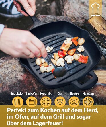 Чавунна гриль сковорода Chefarone 25.5 см з носиком – емальована сковорода для стейків, підходить для індукції, газу, склокераміки та духовки
