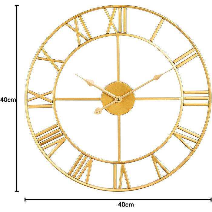 Maxstar Modern Roman Numeral Large Wall Clocks, Non-Ticking Round Metal Silent Vintage Wall Clock for Living Room, Kitchen, Bedroom, Garden Decor - Gold 40cm