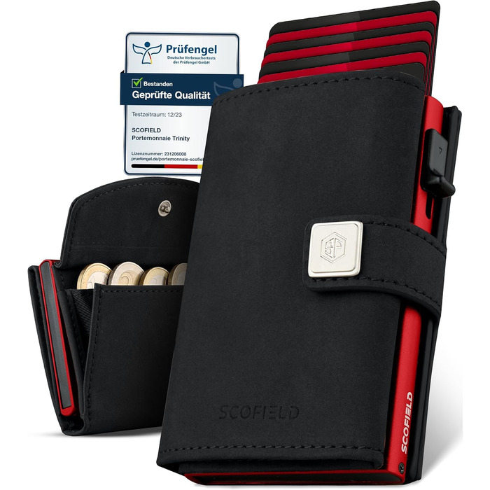 Чоловічий гаманець SF SCOFIELD з відділом для монет | Тонкий гаманець на 9-11 карт | RFID захист | Гаманець для чоловіків | Smart гаманець | Чоловіче портмоне | Чорний - Вогняно-червоний | Мюнцфах Max