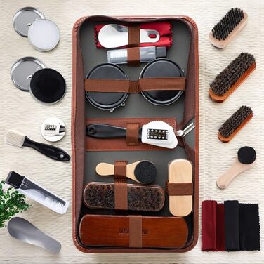 FGXY Shoe Care Set, 11-Piece Shoe Care Kit Shoe Polishing Travel Set with Brush Horsehair Shoe Cream Wood Applicator Brushes Shoehorn (11 Pcs)
