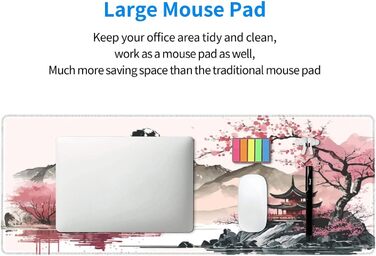 Килимок для миші для геймінгу, чорний, Kanagawa, великий, 80 x 30 см, з гумовою основою, водонепроникний, з прошитими краями, для геймінгу, офісу, дому (Чорна хвиля) (Рожевий)