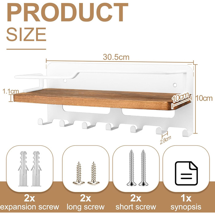 Дерев'яне ключове дошка JiangLin з полицею, декоративний тримач для ключів, настінна ключниця з 7 гачками, для входу, коридору, вітальні (білий)