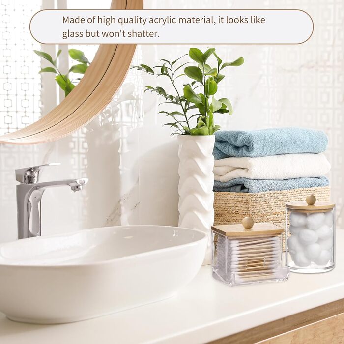 Контейнер для ватних паличок та дисків, акрил з бамбуковим кришками, прозорий. Організатор для макіяжу та ванної кімнати