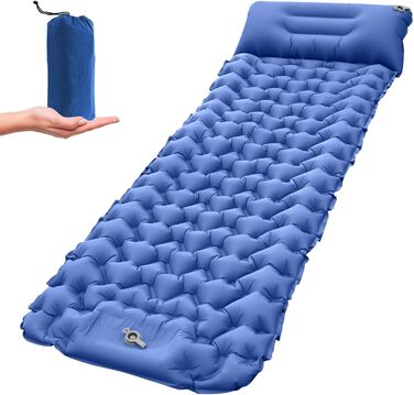 Каремат JINYOMFLY самонадувний туристичний, посилений, з насосом та подушкою, водонепроникний, ультралегкий для кемпінгу, піших прогулянок, відпочинку на природі (Блакитний)