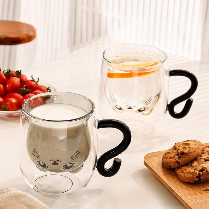 Set of 2 cute cat mugs, cute cat teacup, 250ml double-walled glass, cat mugs with handle, beer mugs, cute birthday gifts for women and men (pack of 2, black+white)