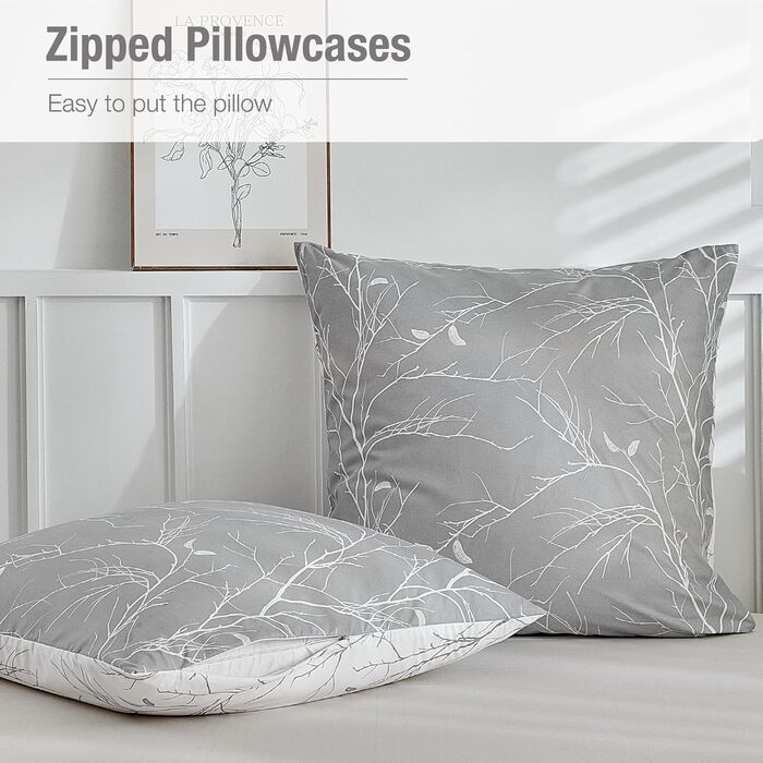Постільна ковдра Lekesky 135x200 4-х частинна - 2 наволочки 135x200 см + 2 наволочки 80x80 см, квітковий принт, сірий поліестер мікрофібра з блискавкою, гілки сірий/білий