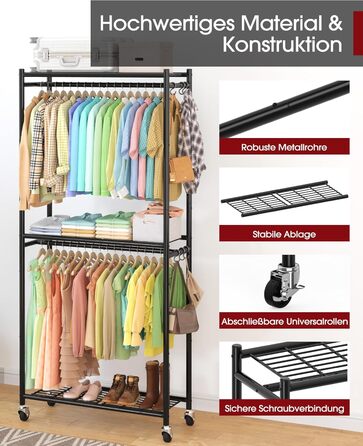 Стійка для одягу на колесах з полицями та гачками, металева, 84 x 31 x 202 см, чорна