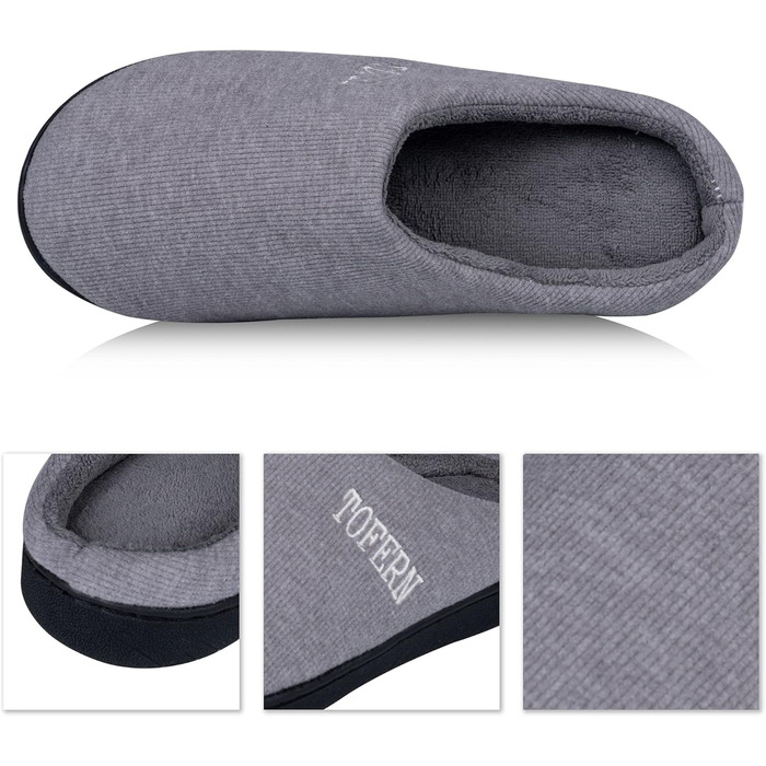 Теплі домашні тапочки Tofern для жінок та чоловіків: зручні, з піною Memory, бавовна, смугасті, антиковзаючі, сірі (38/39 EU)