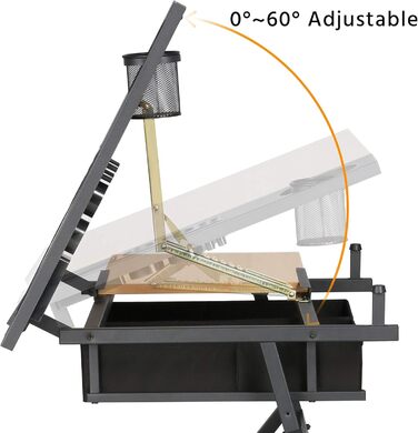 Yaheetech Adjustable Drafting Table with Stool and Drawers - Height Adjustable Desk for Architects, Technicians, and Students - Wood Finish