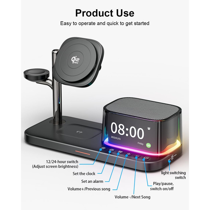 MagSafe Зарядний Стенд 5-в-1 45W Qi2.2: Бездротова Зарядка iPhone 17/16, Apple Watch Ultra, Годинник, Нічник, Спікер