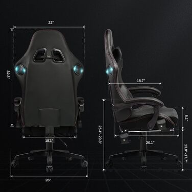 Ігрове крісло GTPLAYER з підставкою для ніг, ергономічний комп’ютерний стілець для геймерів, музичні динаміки, офісний стілець до 150 кг, чорний-червоний