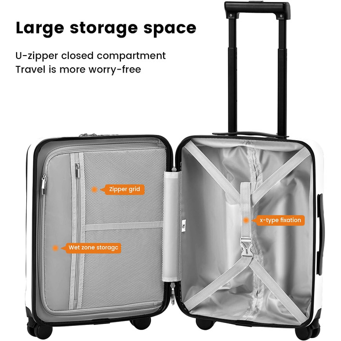 Валіза ручної поклажі 20 дюймів з відділенням для ноутбука, легка валіза з жорстким корпусом та TSA-замком, кабінний багаж на спінених колесах, USB-зарядний пристрій та тримач для напоїв (білий)