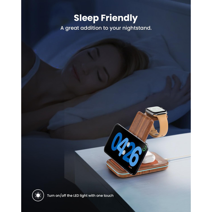 Бездротовий зарядний пристрій JoyGeek 3-в-1 для iPhone, Apple Watch, AirPods (з текстурою дерева)