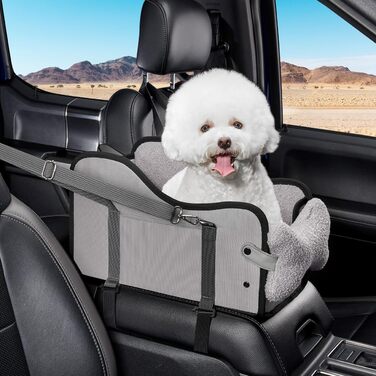 Автокрісло для собак та котів GGW | Безпечне автокрісло з подвійним кріпленням, водовідштовхувальне, з кишенями, швидка установка (сумісне з 99% підлокітників) (Сірий, стандартний стиль)