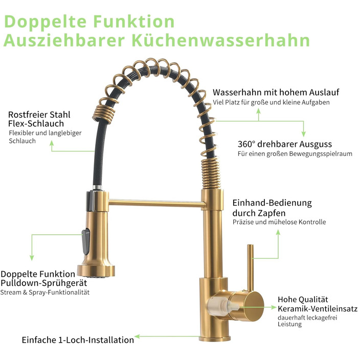 Кухонний змішувач AIMADI висувний, високого тиску, з 2 режимами (струя та туман), поворотний на 360°, однолеверний для кухонної мийки (золото)