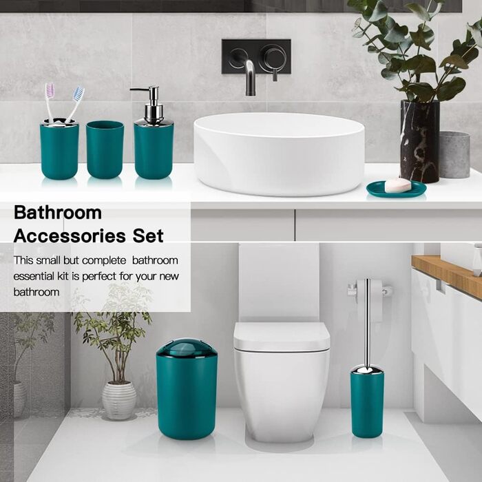 Набір аксесуарів для ванної кімнати Otostar Bambus (6 шт.) - зелений, з тримачем для ватних паличок, дозатором мила, підставкою для зубних щіток, мильницею, тримачем для унітазу та відром