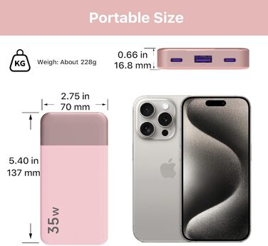 Power Bank NOBIS 35W 10000mAh з цифровим дисплеєм, USB-C, PD, QC, рожевий