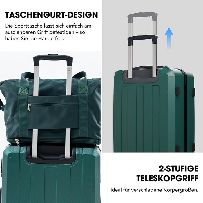 Набір валіз, багажний набір, ролер, валіза на колесах 5шт, ABS пластик, TSA замок, містить 1 сумочку та 1 косметичку, 4 колеса, телескопічна ручка з алюмінію (рожеве золото) (темно-зелений)