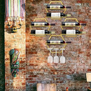 Metal Wall Mounted Wine Holder Stemware Glass Rack, 2Pcs Hanging Glass Wine Rack Wall Mount Red Wine Rack Organizer with 3 Stem Glass Holders for Home Kitchen Bar Display Decor (Gold Bb)
