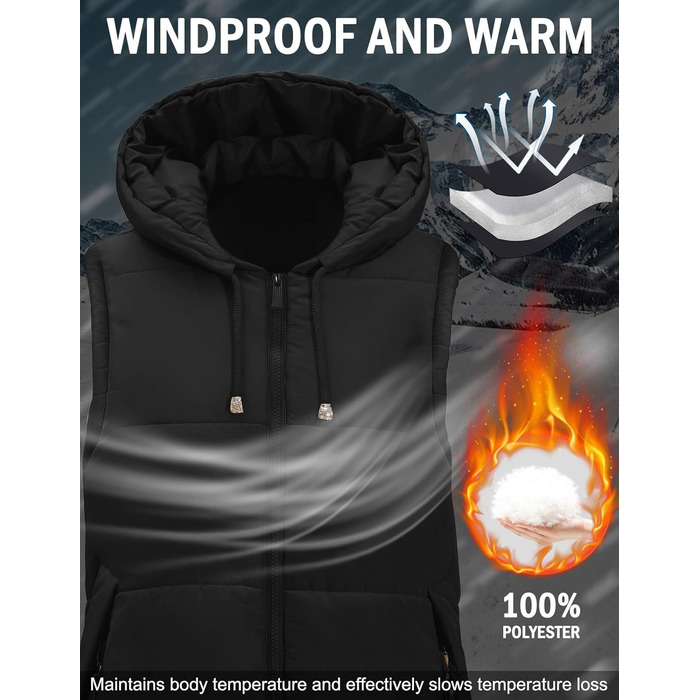 Жіноча/Чоловіча тепла стьобана жилетка Vancavoo з капюшоном, зимова жилетка, легка, чорна