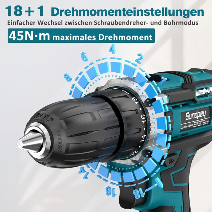 Акумуляторний шуруповерт Sundpey Set з 2 акумуляторами 2.0Ah, 21V, 1500 об/хв, 45Nm, 18+1 режим, LED-підсвічування, для ремонту та DIY