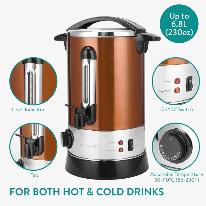 Navaris Mulled Wine Warmer Hot Water Dispenser - Stainless Steel - with Thermostat, Fill Level Indicator, Tap - Mulled Wine & Hot Beverage Dispenser (6.8L, Copper)