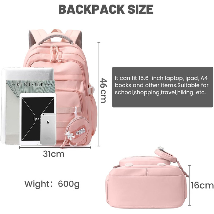 Дитячий рюкзак для школи дівчинки-підлітка, водонепроникний, велика місткість, рожевий