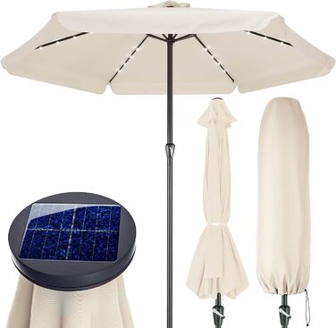 Kingsleeve® Parasol LED Lighting UV Protection 80+ Solar Protective Cover 330cm Large Crank Volant Balcony Terrace Garden Parasol Market Umbrella Cream