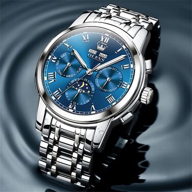 Чоловічий механічний годинник OLEVS 6692 з автопідзаводом, сталевий браслет, синій циферблат, фаза місяця, водонепроникний, люкс