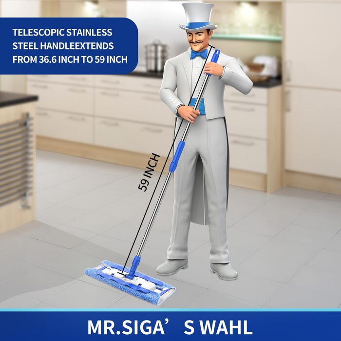 MR.SIGA Professional Microfiber Mop Floor Cleaner for Hardwood, Laminate, Tile Floors, Stainless Steel Handle, Includes 3 Reusable Microfiber Cloths and 1 Dirt Separator