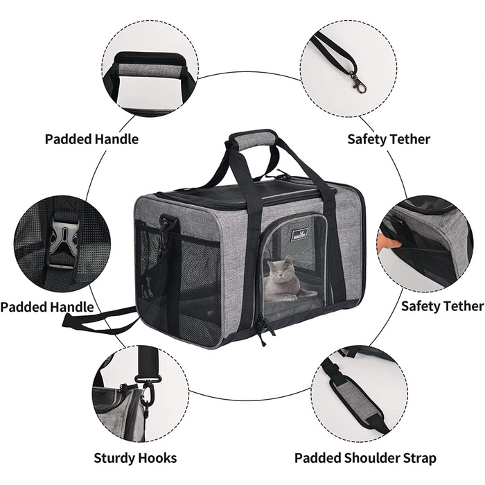 Транспортна переноска для котів та собак, що складається, для подорожей літаком. Підходить для великих котів та цуценят. Сіра переноска для тварин, розмір L (45x28x28 см)