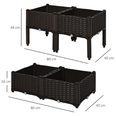 Outsunny Raised Garden Bed Rattan Plant Box 40x40x44cm with PP Drainage Holes, Brown for Garden Balcony