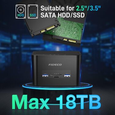 Док-станція для жорстких дисків FIDECO з двома відсіками, USB 3.0, підтримка UASP, TF/SD карт, для HDD/SSD SATA 2.5