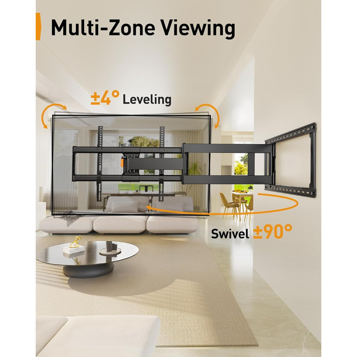 Кріплення для телевізора Perlegear: 42-90 дюймів, до 68 кг, подовжений кронштейн, повний рух, VESA 800x400 мм