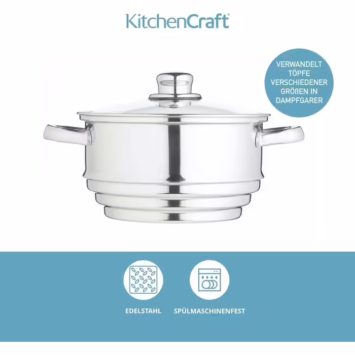 Пароварка KitchenCraft з 3 рівнями, універсальна вставка з нержавіючої сталі для каструль 16/18/20 см, срібляста