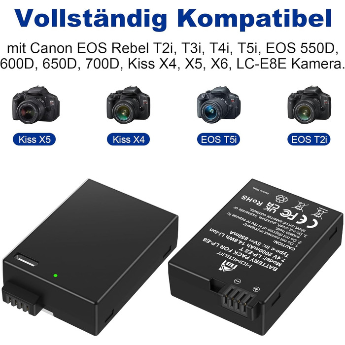 Акумулятор LP-E8 1800mAh Homesuit + LED зарядний пристрій для Canon EOS Rebel T2i T3i T4i T5i 600D 650D 700D Kiss X4 X5 X6 X6i X7i (2 шт. акумулятори + 1 зарядний пристрій)