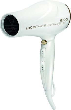 Фен ECG Vv 2200: 2 режими потужності, 3 температурні режими, іонізація, LED-дисплей, захист від перегріву, білий та золотий