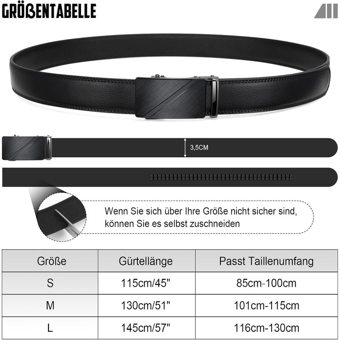 Чоловічий шкіряний ремінь JasGood з автоматичною застібкою та регулюванням, 35 мм, чорний, 115 см (підходить для талії 85-100 см)