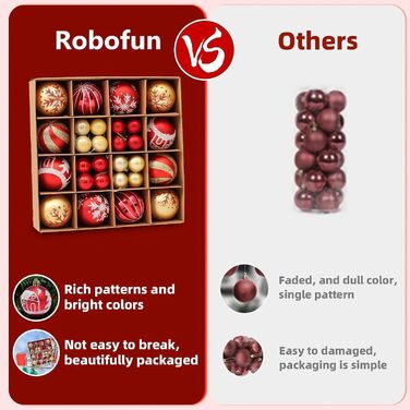 Набір прикрас для ялинки Robofun 44 шт. (червоний, золотий), міцні та безпечні, пластикові кульки для декору ялинки в приміщенні та на вулиці