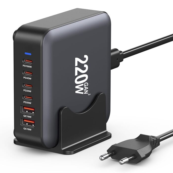 Зарядний пристрій USB-C 200W, 8 портів, GaN адаптер для MacBook Air/iPad/iPhone 15/16/Galaxy S23 - Чорний