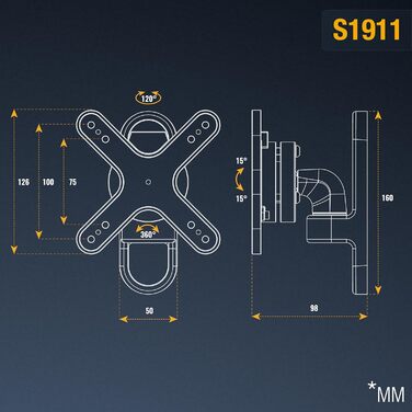 Кріплення для монітора RICOO S1711 - настінна підставка для монітора 13-34 дюймів, поворотна, нахилена, VESA 75/100 мм, до 15 кг, срібна