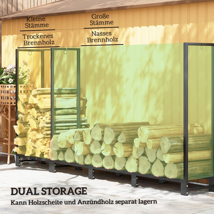 Поличка для дров Outsunny 240 x 32 x 115 см – міцна металева конструкція з двома секціями та трьома гачками. Ідеально підходить для зберігання дров як на вулиці, так і в приміщенні. Витримує навантаження до 300 кг. Виготовлена зі сталі, колір – чорний. Бр