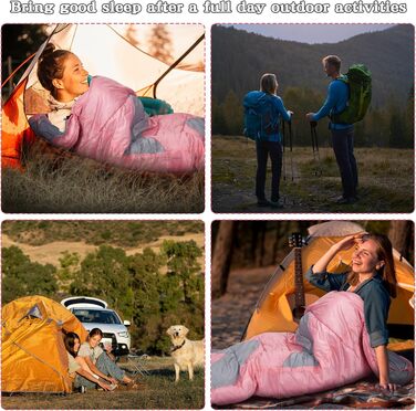 Zusentee 3-4 Season Sleeping Bag - Waterproof, Lightweight & Warm for Adults & Kids Camping, Hiking & Travel (Pink/Gray)